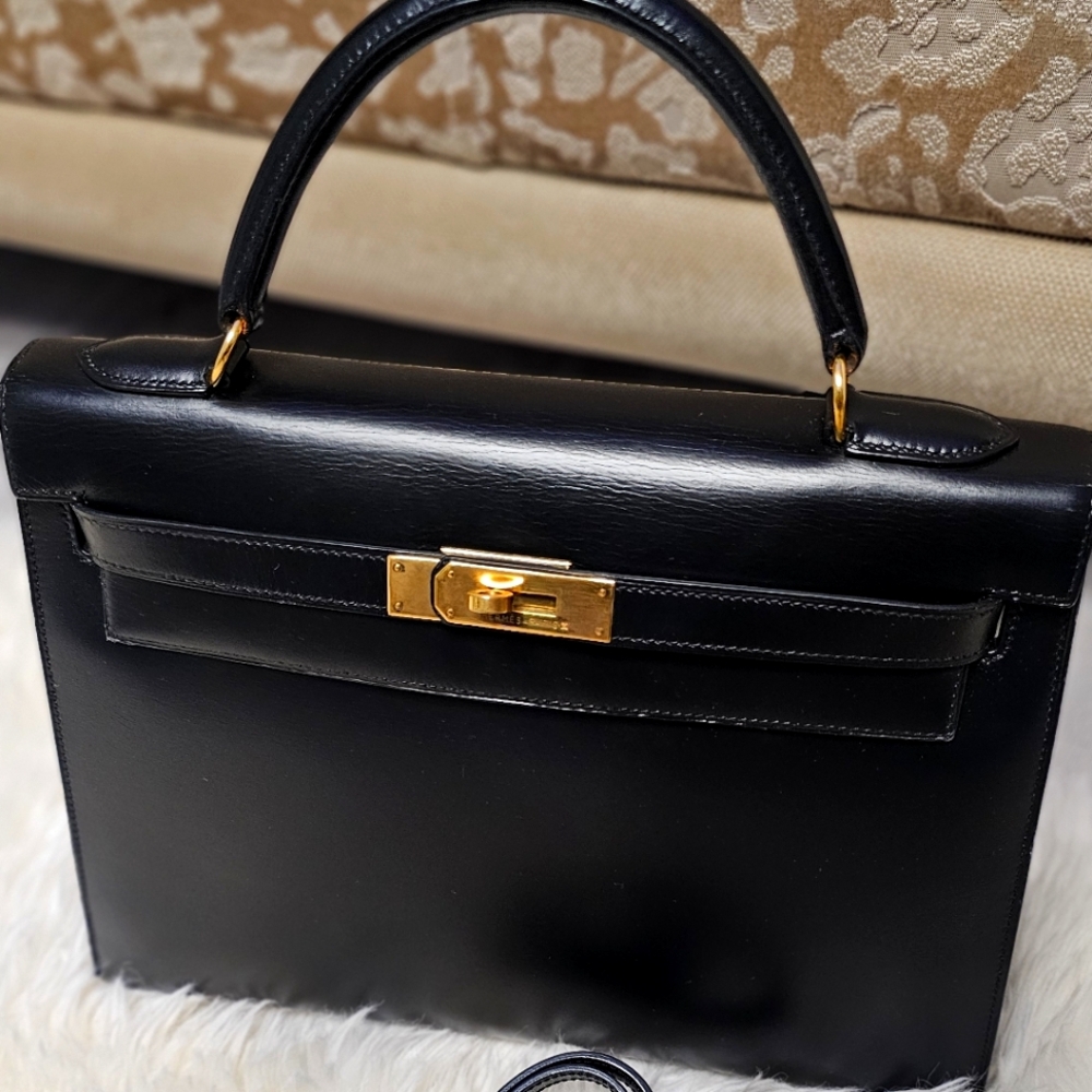 HERMES 13 HER KELLY 32 BOX（CIRCLE W） YR1993 BLACK/GOLD [Authentic]